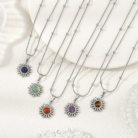 Natural Mixed Stone 304 Stainless Steel Sun Pendant Satellite Chain Necklaces NJEW-JN06501-1