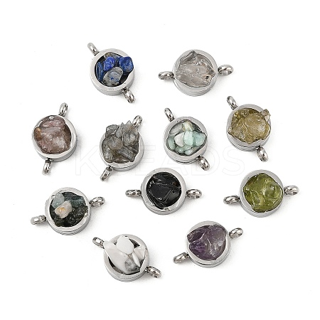 Natural Mixed Gemstone Chip 304 Stainless Steel Flat Round Connector Charms KK-P300-30P-1