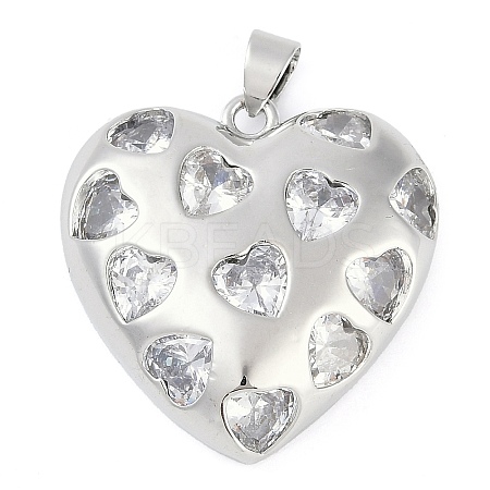 Rack Plating Heart Brass Micro Pave Clear Cubic Zirconia Pendants KK-P287-37P-1