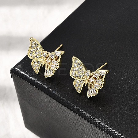 Brass Clear Cubic Zirconia Butterfly Stud Earrings EJEW-L261-029C-G-1