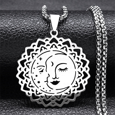 201 Stainless Steel Hollow Moon Star Flower Pendant Necklaces for Women LS-NJEW-K283-35P-1