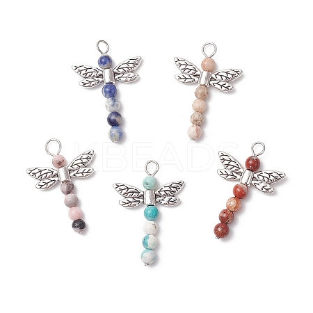 5Pcs 5 Styles Dragonfly Natural Sodalite & Maifanite & Pink Zebra Jasper & Red Jasper & Dyed Magnesite Beaded Pendants PALLOY-JF03857-1