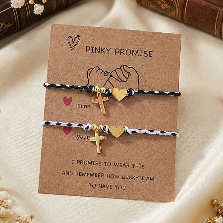 Adjustable Stainless Steel Religion Cross Heart Charm Friendship Braided Cord Bracelet Sets OA0130-2-1