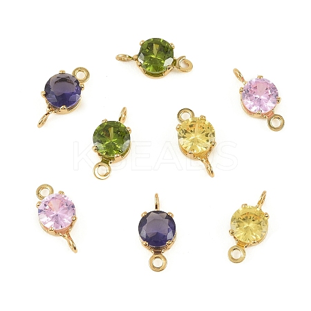 Brass Pave Cubic Zirconia Flat Round Connector Charms KK-P347-01G-1