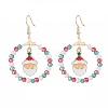Glass Beaded Big Ring with Christmas Santa Claus Alloy Dangle Earrings EJEW-TA00079-1