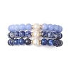 3Pcs Round Natural Blue Spot Jasper & Dyed Blue Lace Agate & Lapis Lazuli & Pearl Beaded Stackable Stretch Bracelets Sets BJEW-JB12992-1