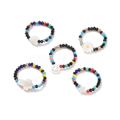 Shell & Glass Beaded Stretch Finger Ring for Women RJEW-JR00481-1