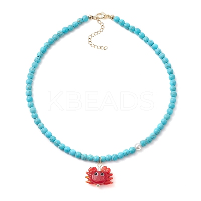 Summer Beach Handmade Lampwork Red Crab Pendant Synthetic Turquoise Round Beaded Nekclaces NJEW-JN05916-1