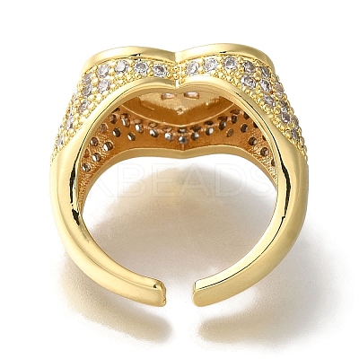 Rack Plating Heart Brass Clear Cubic Zirconia Wide Open Cuff Rings RJEW-S411-12G-02-1