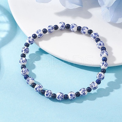Handmade Flower Printed Porcelain Ceramic & Natural Lapis Lazuli Beads Stretch Bracelets for Women BJEW-JB12932-1