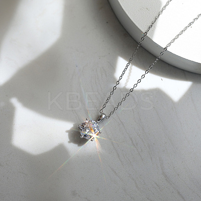 925 Sterling Silver Pave Clear Cubic Zirconia Flat Round Pendant Necklaces NJEW-G172-04P-1