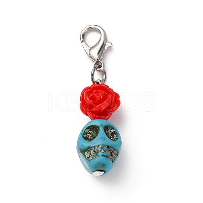 Skull Synthetic Turquoise & Resin Rose Pendant Decorations HJEW-JM03999-1