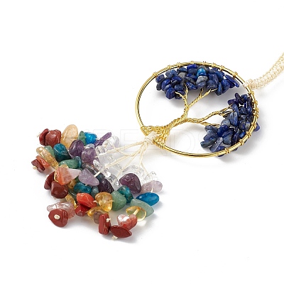 Natural Lapis Lazuli Tree of Life with Mixed Gemstone Chips Tassel Big Pendant Decorations HJEW-H057-03G-A07-1