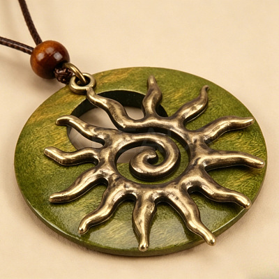 Wood Ring Brass Sun Pendant Adjustable Waxed Cord Necklaces WG3036C-01-1