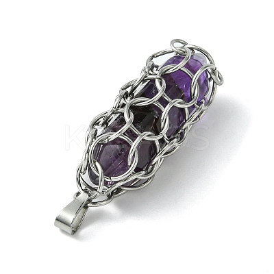Natural Mixed Stone Stainless Steel Ring Wrapped Pointed Pendants PALLOY-JF02496-02-1