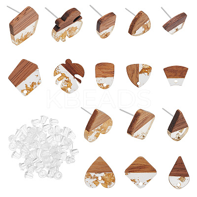 8 Pairs 8 Style Transparent Resin & Walnut Wood Stud Earring RESI-FH0001-43-1