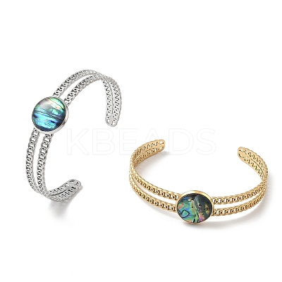 2Pcs 2 Colors Natural Abalone Shell Paua Shell 304 Stainless Steel Open Cuff Bangle Sets with Enamel BJEW-JB14486-01-1