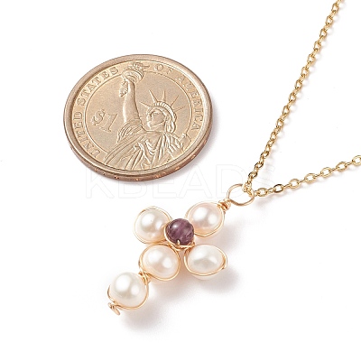 Natural Gemstone & Pearl Braided Cross Pendant Necklace NJEW-JN03920-1