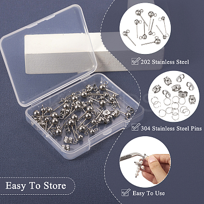 90Pcs 3 Size 202 Stainless Steel Ball Stud Earring Findings STAS-TA0002-22-1