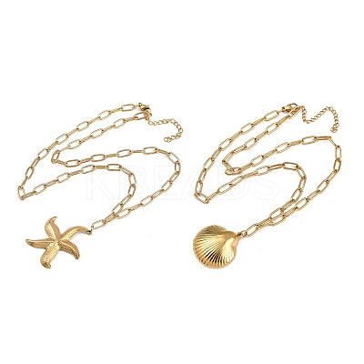 Bohemian Styles 304 Stainless Steel Starfish and Shell Shape Pendant Double Layer Necklaces for Women NJEW-F343-01G-1