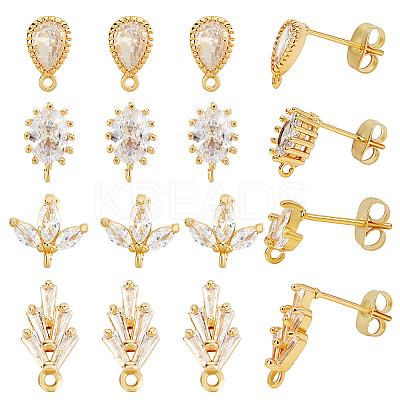16Pcs 4 Styles Brass Cubic Zirconia Stud Earring Findings KK-DR0001-23-1