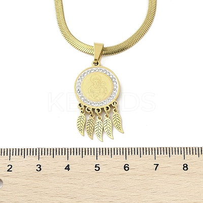 201 Stainless Steel Clear Cubic Zirconia Flat Round Virgin with Feather Pendant Necklaces NJEW-H055-04G-1