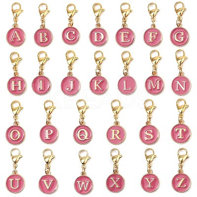 26Pcs 26 Styles Flat Round with Letter A`Z Alloy Enamel Pendant Decoration HJEW-JM02404-1
