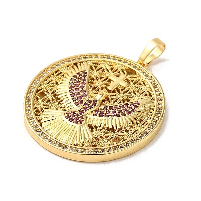 Flat Round with Pigeons & Cross Rack Plating Brass Micro Pave Cubic Zirconia Pendants KK-K377-42G-1