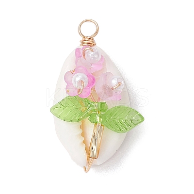 Natural Cowrie Shell Copper Wire Wrapped Flower Pendants PALLOY-JF03833-1