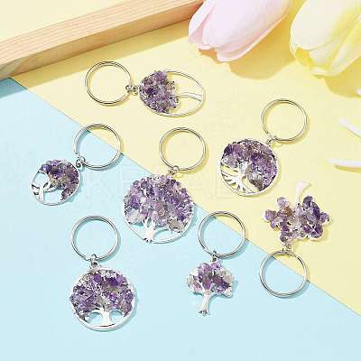 Natural Amethyst Chip & Alloy Tree of Life Pendant Keychain KEYC-JKC00648-06-1