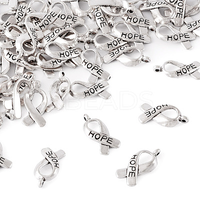 Breast Cancer Awareness Ribbon Carved Word Hope Tibetan Style Alloy Message Pendants TIBEP-TAG0001-02-1