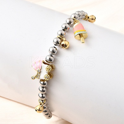 Brass Enamel Round Beads Charm Bracelets for Women BJEW-D317-11A-PG-1