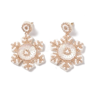 Christmas Snowflake Glass Seed Braided Dangle Stud Earrings EJEW-B011-01A-1