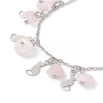 Natural Rose Quartz Chips & Cat Charms Anklet AJEW-AN00512-03-1