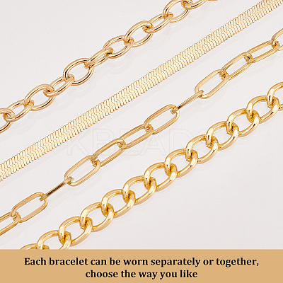 4Pcs 4 Style Alloy Curb & Cable & Paperclip & Herringbone Chain Bracelets Set for Men Women BJEW-AN0001-13-1