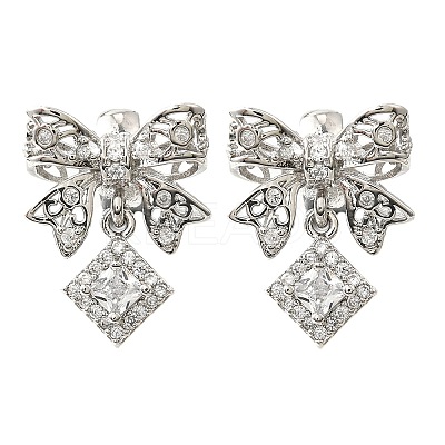 Bowknot & Rhombus Brass Micro Pave Clear Cubic Zirconia European Beads KK-V008-35P-1