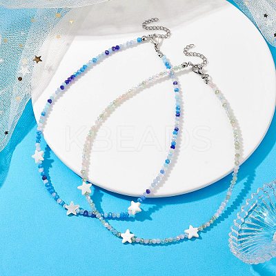 2Pcs 2 Color Glass & Natural Shell Star Beaded Necklaces Set NJEW-JN04646-01-1