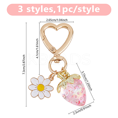 3Pcs 3 Colors Enamel Alloy Flower with Acrylic Strawberry Keychain KEYC-DC0001-31-1