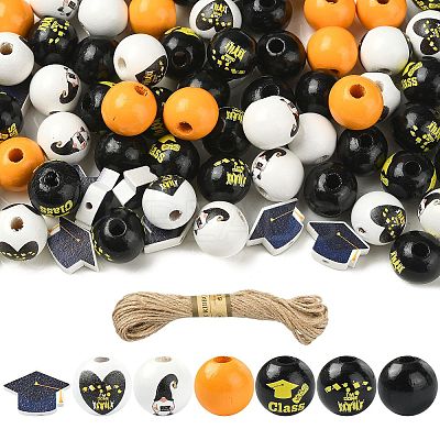 Graduation Season Theme DIY Round Natural Wood Beads & Jute Cord Pendant Making Kits DIY-CJ0002-71-1