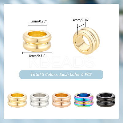 30Pcs 5 Colors 304 Stainless Steel Grooved Beads STAS-UN0055-34-1