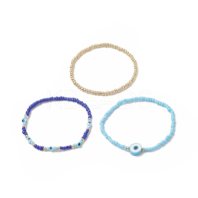 3Pcs 3 Style Evil Eye Polymer Clay & Glass Seed Beaded Stretch Bracelets Set for Women BJEW-JB09228-1