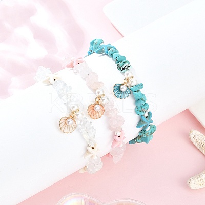 3Pcs 3 Styles Zinc Alloy Enamel Shell Shape Charm Round Shell Pearl & Dyed Synthetic Turquoise Starfish & Magnesite & Opalite & Natural Rose Quartz Chip Beaded Anklets AJEW-AN00735-1