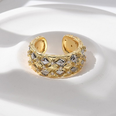 Square Pattern Brass Micro Pave Clear Cubic Zirconia Cuff Rings for Women RJEW-U041-14G-1
