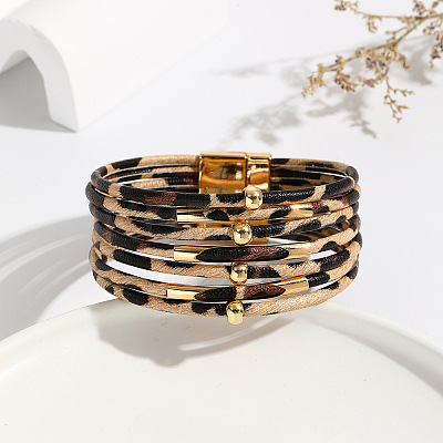 Leopard Print Pattern PU Leather Cord Multi-strand Bracelets for Women LS-XT9904-1