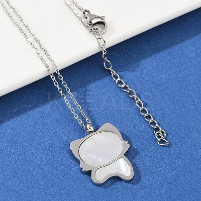 304 Stainless Steel Pave Natural White Shell Cute Cat Shaped Pendant Necklaces for Women NJEW-F339-01P-1