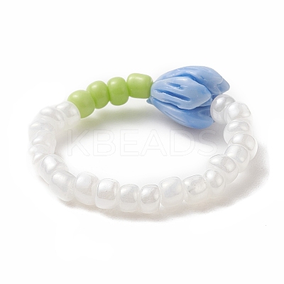Flower Bud Synthetic Coral & Glass Seed Beaded Stretch Ring for Women RJEW-JR00557-1
