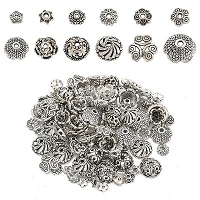 120Pcs 12 Styles Tibetan Style Alloy Bead Caps TIBE-YW0001-61-1