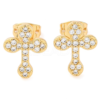 Rack Plating Cross Brass Pave Clear Cubic Zirconia Stud Earrings EJEW-S245-01G-C-1