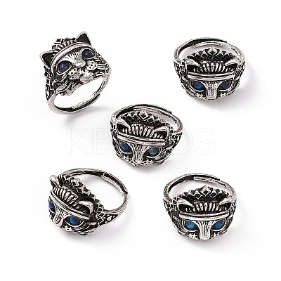 Cat Natural Labradorite Adjustable Rings RJEW-E067-01AS-1