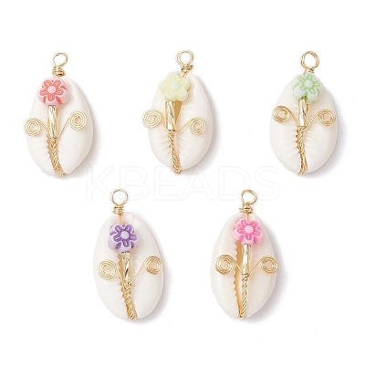 Natural Cowrie Shell Copper Wire Wrapped Pendants PALLOY-JF03834-1